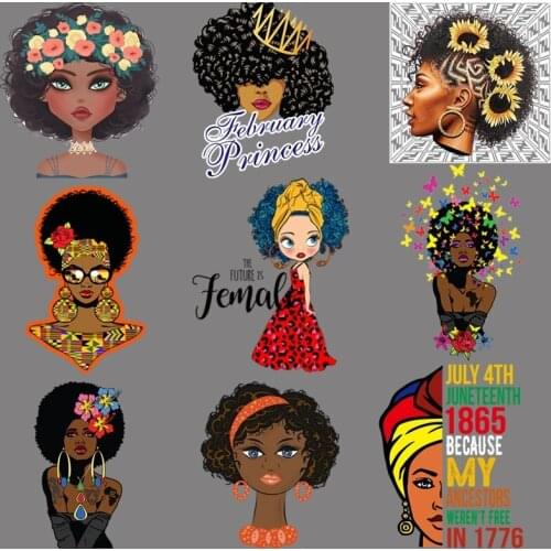 Fashionable African Beauty Black Women T-shirt Solid Color Short Sleeve DIY Heat Transfer Printing Sticker