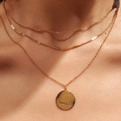 Fashion Three-layer Necklace Simple Geometric Circle Choker Neck Chains Metal Disc Three-layer Necklace for Women Girls Coins