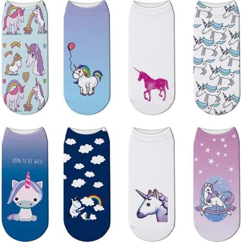 Fashion 3D Print Unicorn Short Socks Fairy Tale Animal Women Cotton Sock Kawaii Chaussette Cartoon Ankle Socks Calcetines Mujer