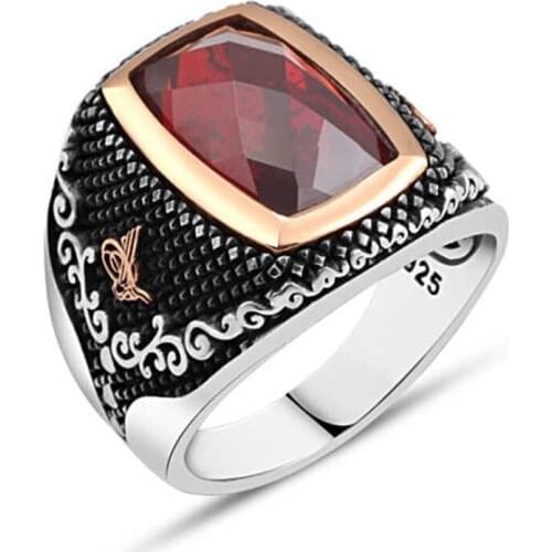Cutout Red Zircon Silver Men Ring