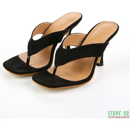 Trendy square toe high heels mules thong sandals for womens shoes flip flops black women slippers summer shoes size 41 42