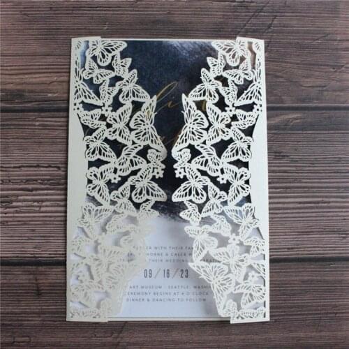 Ivory shimmer fall wedding invitation suite butterfly laser cutting customized insert design 50 pcs