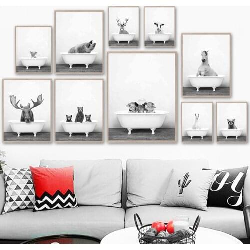 Bathtub Koala Deer Raccoon Bear Horse Cow Pig Wall Art Canvas Painting Nordic Posters And Prints Wall Pictures Kids Room Decor