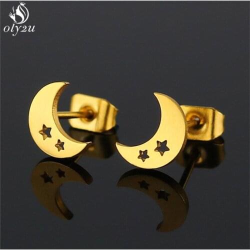 Oly2u Cute Tiny Star Moon Earrings 2019 for Women Girls Asymmetric Jewelry Studs Black Stainless Steel Earrings Kids Gifts