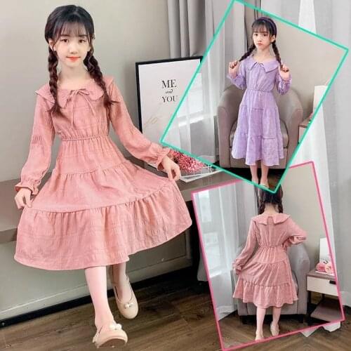 4-16 Years Teenage Kids Girls Long Sleeve Dresses 2021 Spring Children Cotton Solid Princess Dress Little Big Girls Clothes14 16