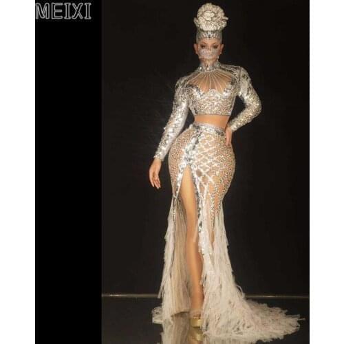 Sexy shiny silver sequin mesh split-up dress Birthday celebration party banquet evening dress concert ball singer costume