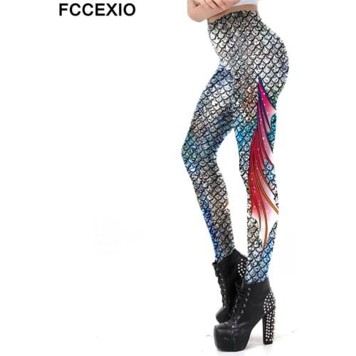 FCCEXIO Sexy Galaxy Mermaid Leggings Women Fish Scale Print Workout Legging Silver Colour Bling Bling Fitness Leggins New Pants