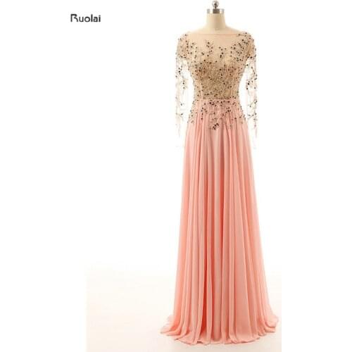 Sheer Back Chiffon See Through A Line Floor Length Custom Made Long Sleeves Formal Evening Dresses For Wedding Party