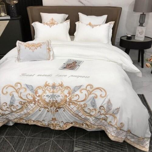 Luxury White High Quality Long Staple Cotton Bedding Set Gold Embroidery Duvet Cover Flat/Fitted Sheet Pillowcases 4Pcs