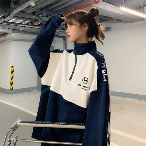 Plus size womens sweatshirt high street punk carat chain stand collar hoodies women 2021 spring autumn Korean loose student top