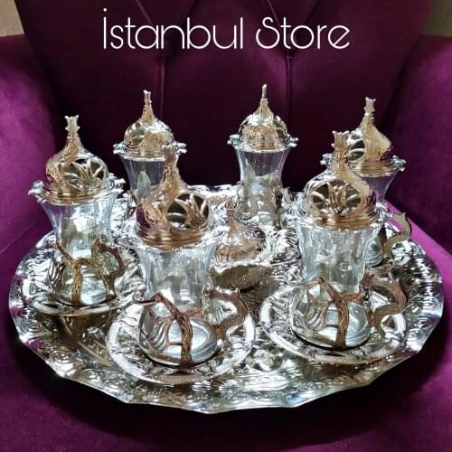 Turkish Tea Set 33 Pcs Set Of 6 Arab Ottoman Tea Serving Cup Tea Cup Set Silver Color And Bronze Color Free Shipping