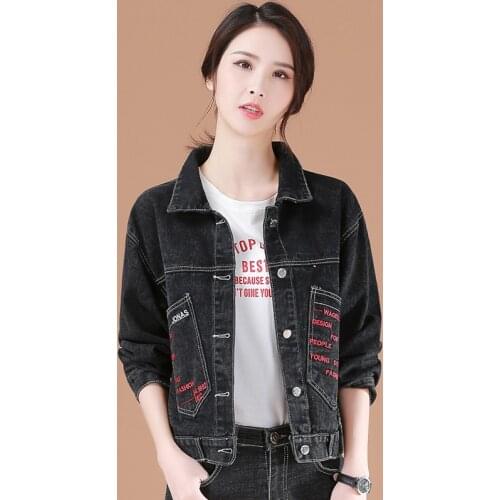 Jacket Women Black Denim Jacket autumn Jeans Coat woman Casual Harajuku Female Vintage letter embroidery femme Jeans Coat