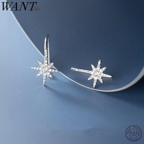 WANTME Trendy Sweet Real 925 Sterling Silver Wild&Free Star Hook Earrings for Women With Rhinestones Minimalist Wedding Jewelry
