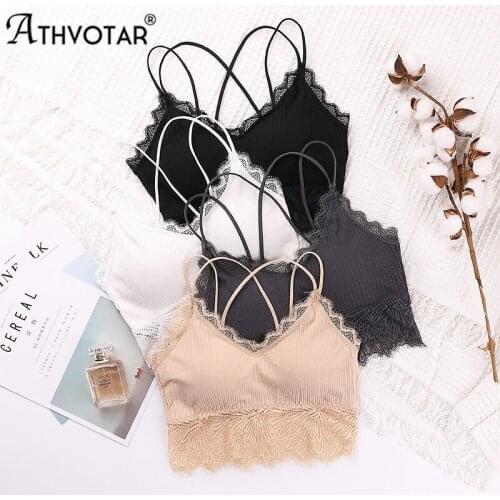 ATHVOTAR Sexy Lace Seamless Bralette Women V-neck Double Cross Shoulder Straps Brassiere Cotton Comfortable Padded Tube Top2020