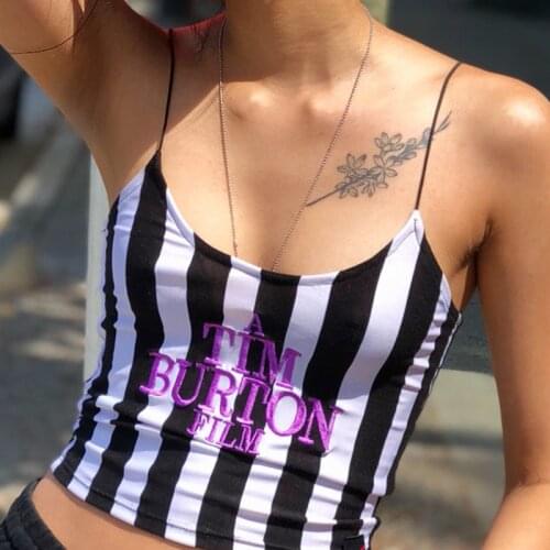 Letter Embroidery Camis Women Sexy Crop Top 2021 Summer Sleeveless Skinny Camisole Black White Stripe Vests Tee TIM BURTON FILM