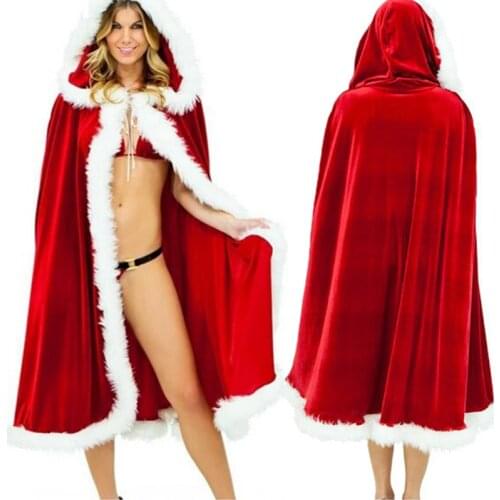 4Size Red Velvet Hooded Cape Cloak Sexy Santa Cosplay Christmas Costumes Women Carnival Party Clubwear Winter Warm Overcoat