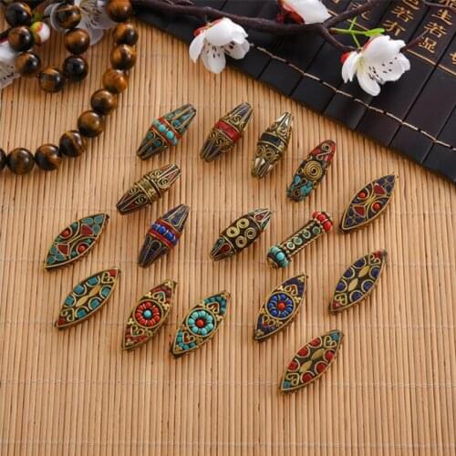 5pcs Boho Murquise Handmade Beads Nepalese Buddhist Tibetan Brass Metal & Clay Loose Craft Beads for Necklace Jewelry Making DIY