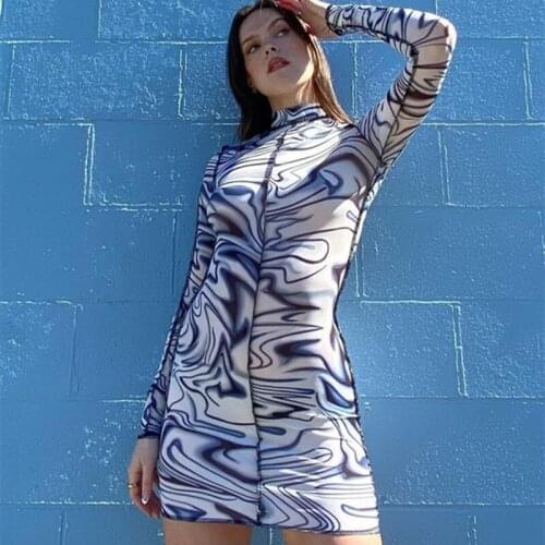 CHRONSTYLE Tie Dyeing Print Women Clothes Sexy Dress 2021 Long Sleeve Turtleneck Bodycon Autumn Spring Short Mini Pencil Dresses