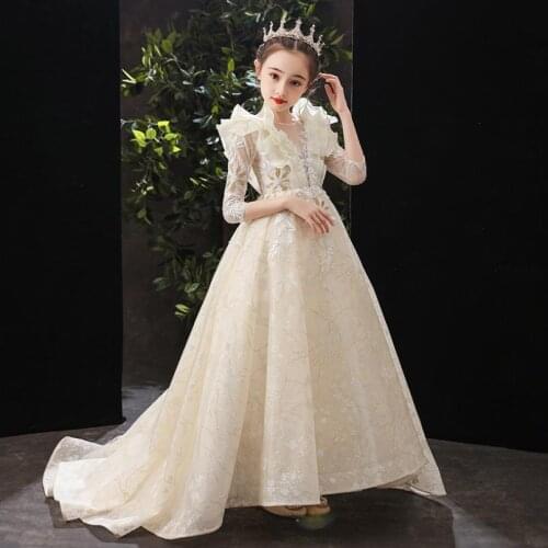 Children Lace Mesh Stitching Sequines Princess Trailing Evening Gown Kids Catwalk Wedding Birthday Party Dress For Girls L900