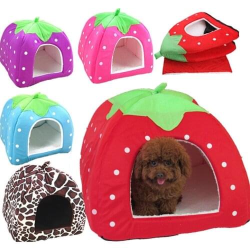Cute Dog Cat House Strawberry Wave Point Kennel Tent For Animal Foldable Leopard Bed Warm Cave Detachable Cushion Basket Mat