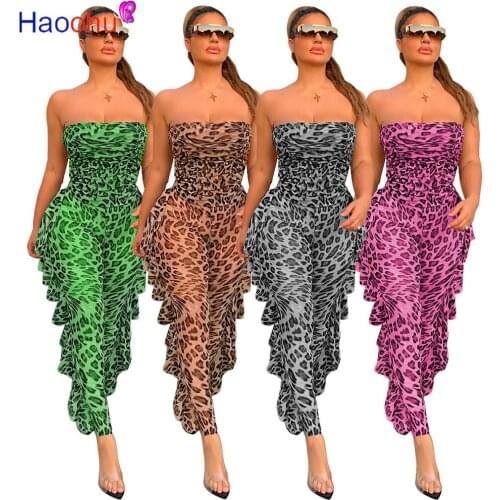 HAOOHU Women Leopard Ruffles Side Ruched Jumpsuit Strapless Mesh See Though One piece Overall Bodycon Romper Outfit Playsuit