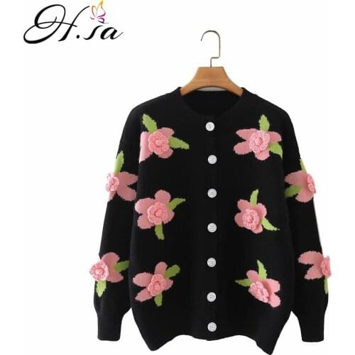HSA 2021 Chic Black Sweater Cardigans for Women Handmade Floral Knit Jacket Chic Cardigans Harajuku Sweater Women Knitted Coat