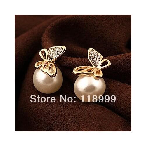 Classic Crystal Butterfly Jewelry with Pearl Little Ear Stud Earrings