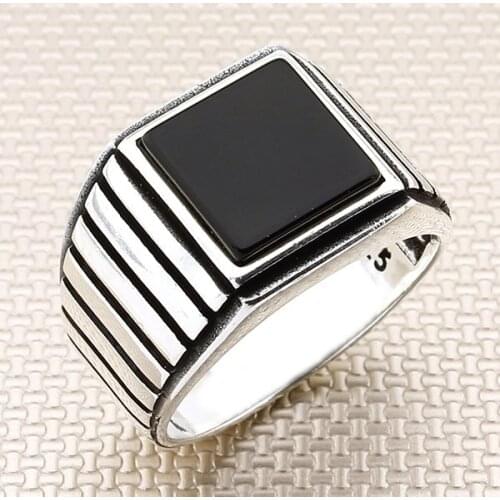 Square Black Onyx Stone Men Silver Ring With Symmetrical Motif Made in Turkey Solid 925 Sterling Silver