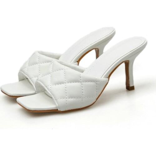 2020 Hot Selling Padded Leather Mules Slippers Square Open Toe High Heels Summer Party Shoes Woman sandals zapatos mujer