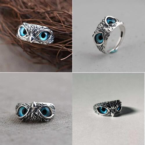 Fashion Creative Retro Demon 3D effect Blue Eye Owl Ring Creative Exaggerated Animal Couple Opening Adjustable Cute Ring jewelry