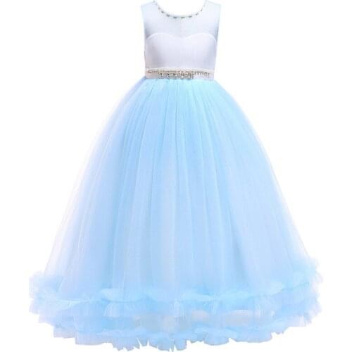 Fashion Flower Girls Dress Kids Sleeveless Satin Rhinestone Top with Long Tulle Wedding Party Dress Princess Girls Clothes