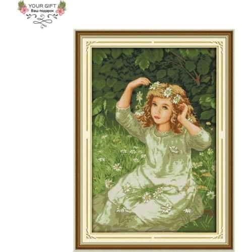 Joy Sunday RA010 Free Shipping 14CT 11CT Counted and Stamped Home Decoration The Girl With Garland Embroidery Cross Stitch kits