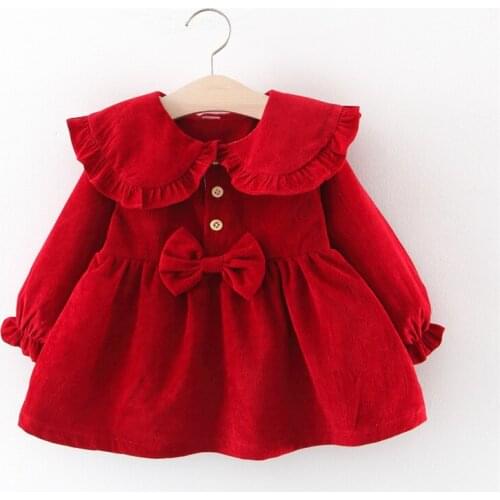Infant Clothes Girls Winter Corduroy Princess Dress Korean Soild Cotton Plus Velvet Thicken Big Bow Party Dress Kids Costumes
