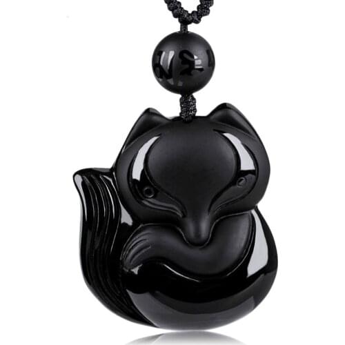 Natural Black Obsidian Beads Necklace Hand-Carved Fox Jade Pendant Fashion Charm Jewellery Amulet for Women Gifts Jewelry