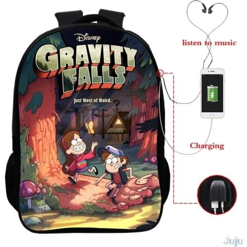 16 Inch Gravity Falls USB Charge Backpack Women Mens School bags Cartoon Women bag Travel Mochilas