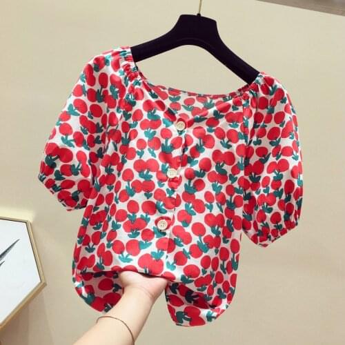 Chiffon Printed Women Shirts Summer New Design Slash Neck Puff Sleeved Straight Elegant Office Lady Outwear Tops