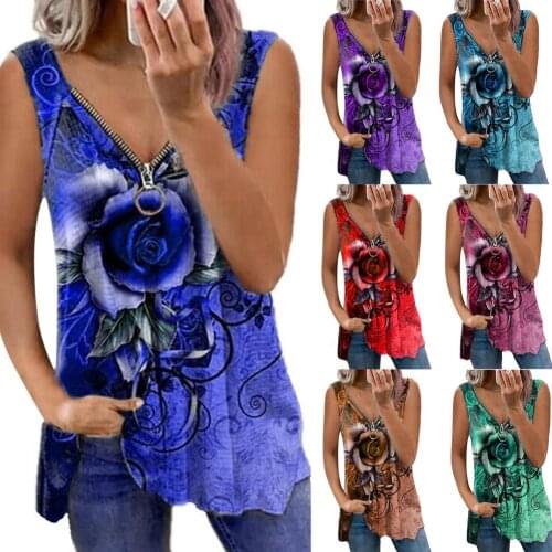 Summer Womens Sleeveless T-shirt Ladies Sexy V-neck Zipper Rose Print Vest Loose Casual Printed Female Daily Tops Streetwear