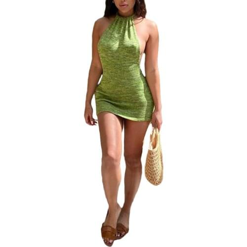 Women Summer Backless Skirt, Adults Sleeveless Tie-up Solid Color Round Neck Halter One-piece