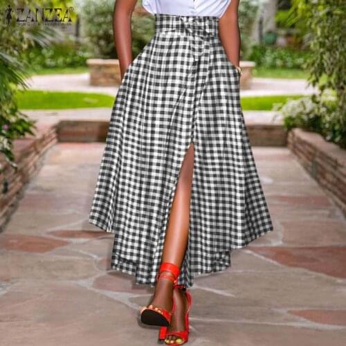Womens Elegant Irregular Skirts ZANZEA Fashion Long Skirt Holiday Plaid Check A Line Skirt 2021 Summer Zipper High Waist Skirts