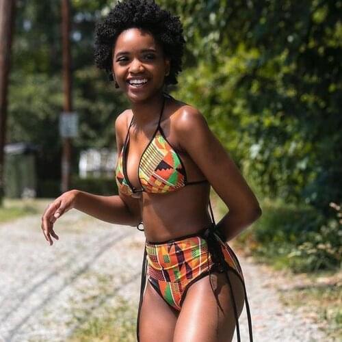 African Print Style Swimsuit Triangle Bikini High Waist Swimming Suit for Women Swimwear Lace Up Bathing Suit Beachwear Maillot