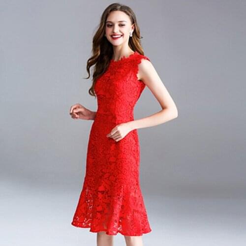 2019 Spring Summer New Large Size Womens Temperament Boutique Casual Sleeveless Embroidery Round Neck Bag Hip fishtail Dress