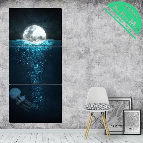 3 Pieces Jellyfish In the Moonlight HD Printed Canvas Painting with Pictures Decoration posters and prints poster paintings