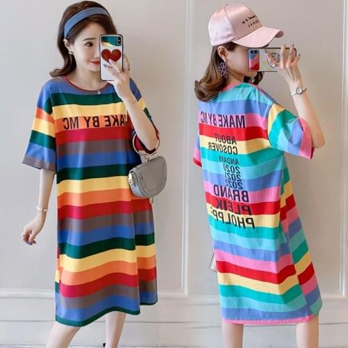 801# Maternity Dress Summer Stripe Color Block Cotton Short Sleeve Loose Stylish Dress for Pregnant Women Mom Dress