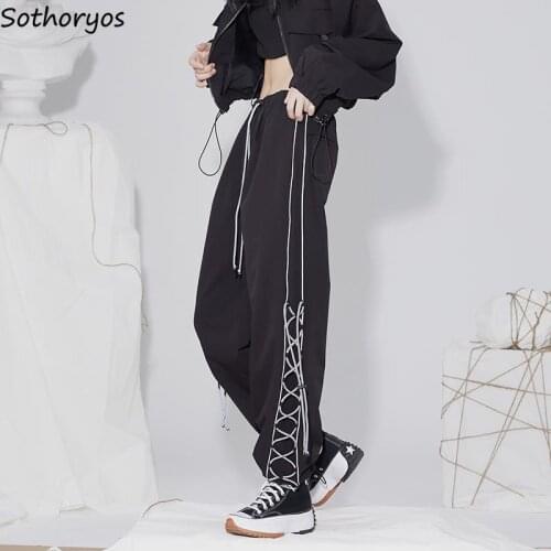 Bandage Casual Pants Women Couples Autumn Ins Fashion High Street Loose Reflective Workout Tracksuits Harajuku Elastic Waist BF