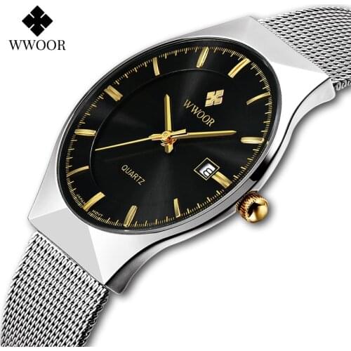 WWOOR 8016 Fashion Ultra Thin Watch For Men Silver Mesh Steel Quartz Clock Casual Waterproof Date Wristwatches Relogio Masculino
