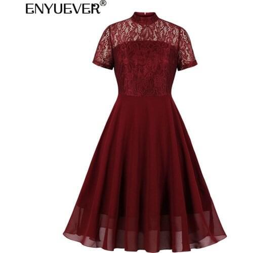 Enyuever Burgundy Formal Dress Women Clothing Short Sleeve Lace Patchwork Stand Collar Robe Swing Elegant Evening Party Dresses