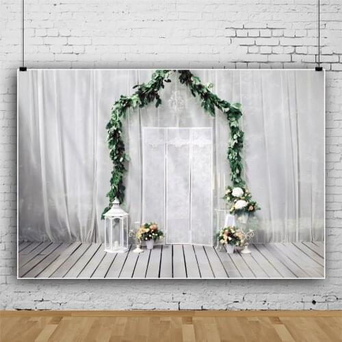 Green Flower Door with White Curtain Background Portrait Photography Wedding Photozone Photo Decors Backdrops Photocall Studio