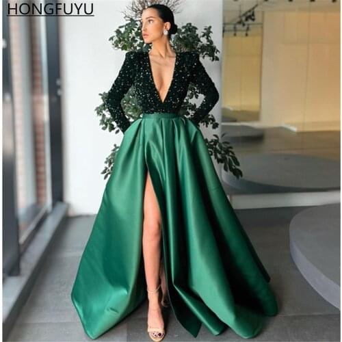 HONGFUYU Emerald A-line Deep V-neck платье Prom Dresses Elegant Satin Sequined Formal Evening Dress with Pockets robes de soirée