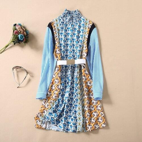 And American womens European dress 2021 summer new styles With short sleeves Stripe patchwork printed belt Fashionable dress