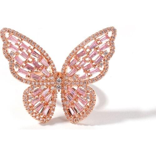 Hip Hop Hollow Micro-set Zircon Rose Gold Butterfly Cubic Zircon CZ Ring Adjustable Index Finger Ring for Men Women Jewelry
